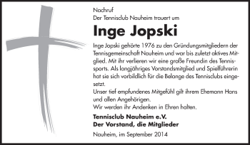 Traueranzeige von Inge Jopski von Rüsselsheimer Echo, Groß-Gerauer-Echo, Ried Echo