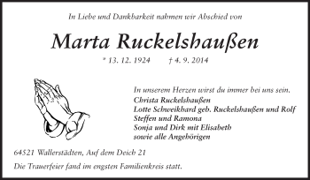 Traueranzeige von Marta Ruckelshaußen von Rüsselsheimer Echo, Groß-Gerauer-Echo, Ried Echo