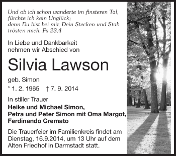 Traueranzeige von Silvia Lawson von Echo-Zeitungen (Gesamtausgabe)