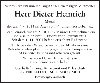 Traueranzeige von Dieter Heinrich von Odenwälder Echo