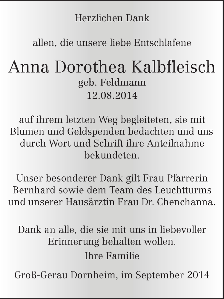  Traueranzeige für Anna Dorothea Kalbfleisch vom 12.09.2014 aus Rüsselsheimer Echo, Groß-Gerauer-Echo, Ried Echo