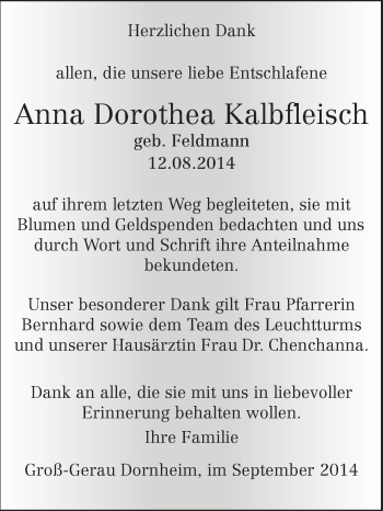 Traueranzeige von Anna Dorothea Kalbfleisch von Rüsselsheimer Echo, Groß-Gerauer-Echo, Ried Echo