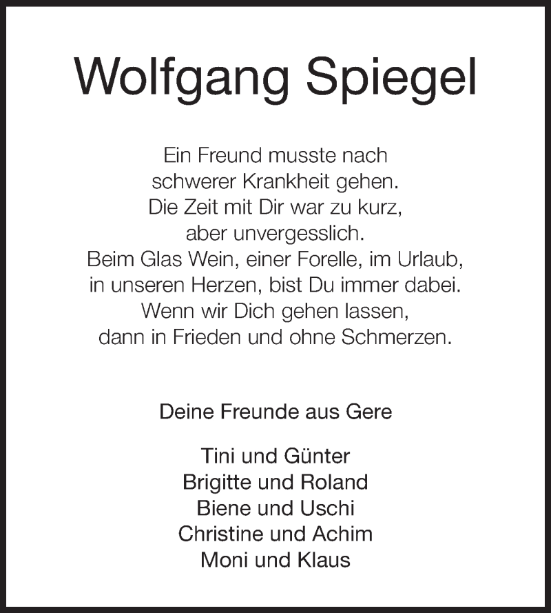  Traueranzeige für Wolfgang Spiegel vom 13.09.2014 aus Rüsselsheimer Echo, Groß-Gerauer-Echo, Ried Echo