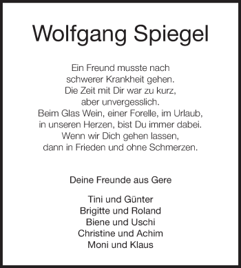 Traueranzeige von Wolfgang Spiegel von Rüsselsheimer Echo, Groß-Gerauer-Echo, Ried Echo