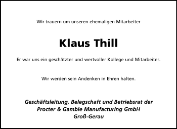 Traueranzeige von Klaus Thill von Rüsselsheimer Echo, Groß-Gerauer-Echo, Ried Echo