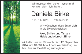 Traueranzeige von Daniela Birke von Echo-Zeitungen (Gesamtausgabe)