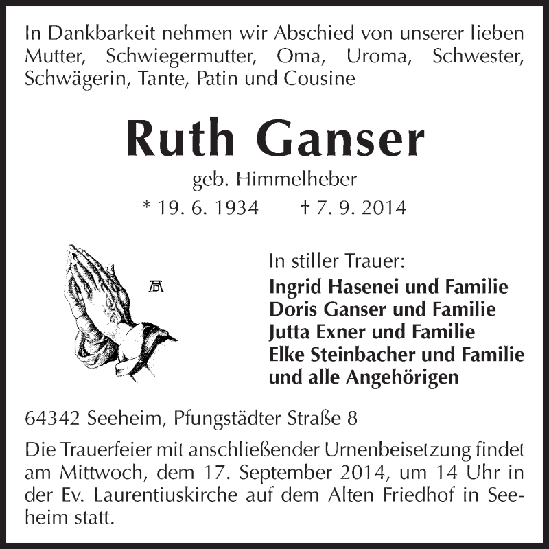  Traueranzeige für Ruth Ganser vom 13.09.2014 aus Echo-Zeitungen (Gesamtausgabe)