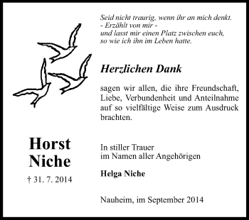 Traueranzeige von Horst Niche von Rüsselsheimer Echo, Groß-Gerauer-Echo, Ried Echo