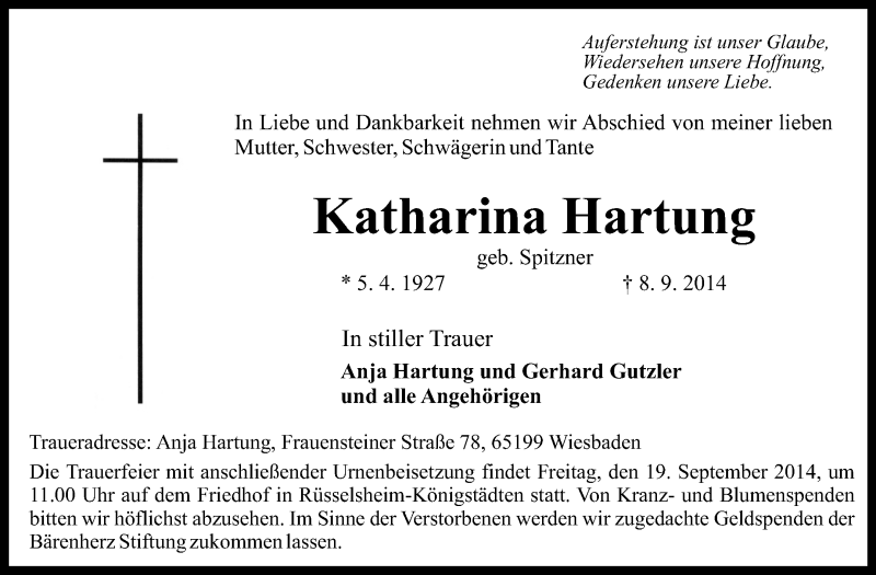  Traueranzeige für Katharina Hartung vom 13.09.2014 aus Rüsselsheimer Echo, Groß-Gerauer-Echo, Ried Echo