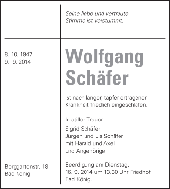 Traueranzeige von Wolfgang Schäfer von Odenwälder Echo