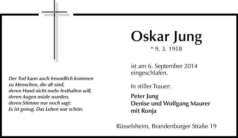  Traueranzeige für Oskar Jung vom 13.09.2014 aus Rüsselsheimer Echo, Groß-Gerauer-Echo, Ried Echo