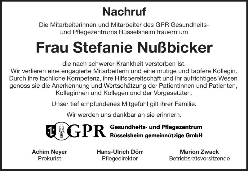  Traueranzeige für Stefanie Nußbicker vom 13.09.2014 aus Rüsselsheimer Echo, Groß-Gerauer-Echo, Ried Echo