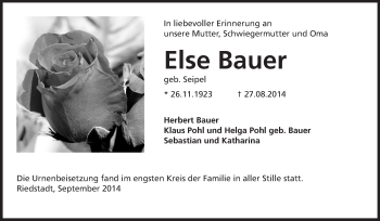 Traueranzeige von Else Bauer von Rüsselsheimer Echo, Groß-Gerauer-Echo, Ried Echo