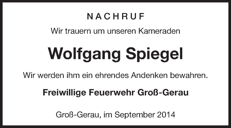  Traueranzeige für Wolfgang Spiegel vom 13.09.2014 aus Rüsselsheimer Echo, Groß-Gerauer-Echo, Ried Echo