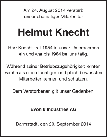 Traueranzeige von Helmut Knecht von Echo-Zeitungen (Gesamtausgabe)