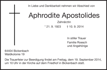 Traueranzeige von Aphrodite Apostolides von Echo-Zeitungen (Gesamtausgabe)