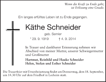 Traueranzeige von Käthe Schneider von Rüsselsheimer Echo, Groß-Gerauer-Echo, Ried Echo