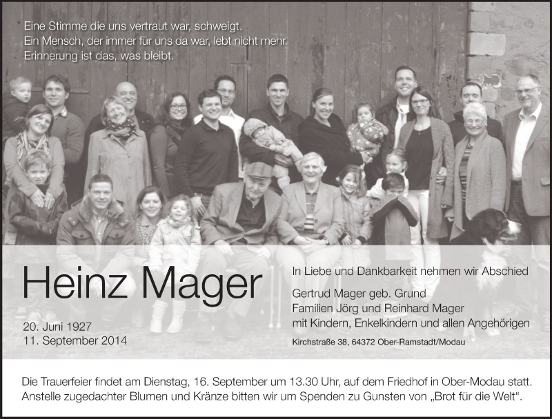  Traueranzeige für Heinz Mager vom 13.09.2014 aus Echo-Zeitungen (Gesamtausgabe)