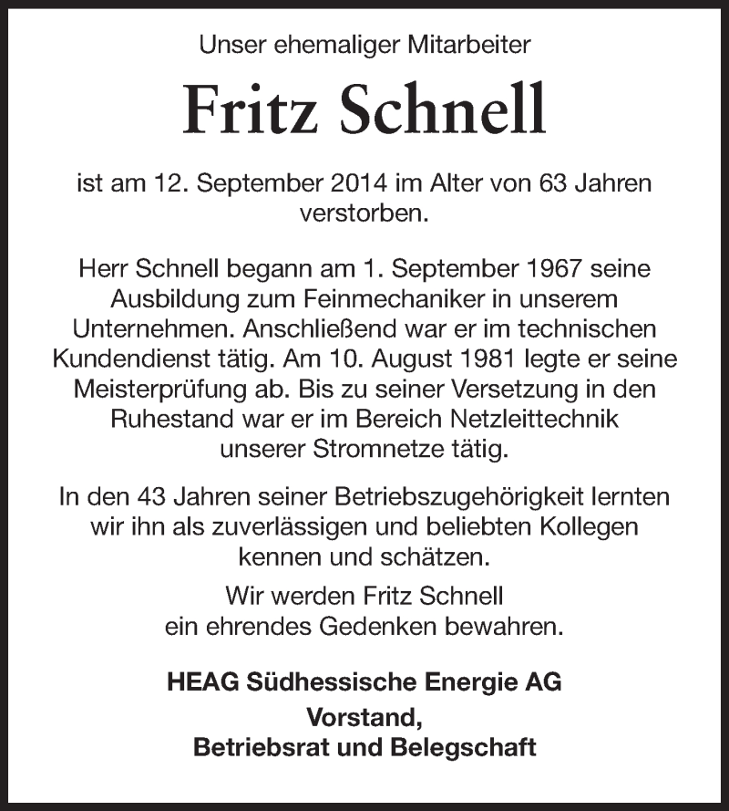  Traueranzeige für Fritz Schnell vom 13.09.2014 aus Echo-Zeitungen (Gesamtausgabe)