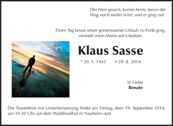 Traueranzeige von Klaus Sasse von Rüsselsheimer Echo, Groß-Gerauer-Echo, Ried Echo