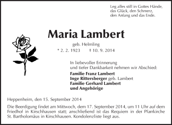 Traueranzeige von Maria Lambert von Starkenburger Echo