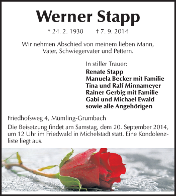 Traueranzeige von Werner Stapp von Odenwälder Echo
