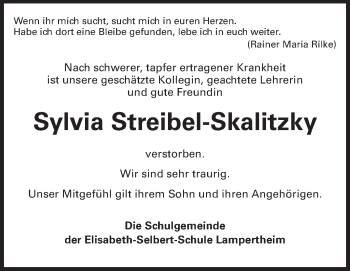 Traueranzeige von Sylvia Streibel-Skalitzky von Echo-Zeitungen (Gesamtausgabe)