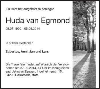 Traueranzeige von Huda van Egmond von Echo-Zeitungen (Gesamtausgabe)