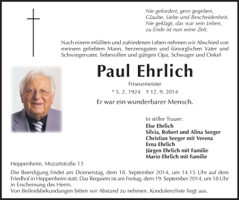 Traueranzeige von Paul Ehrlich von Starkenburger Echo, Bergsträßer Anzeiger