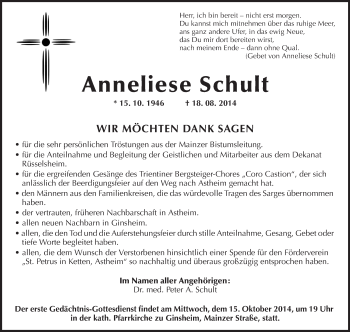 Traueranzeige von Anneliese Schult von Rüsselsheimer Echo, Groß-Gerauer-Echo, Ried Echo