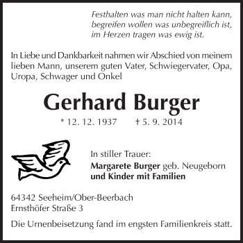 Traueranzeige von Gerhard Burger von Echo-Zeitungen (Gesamtausgabe)