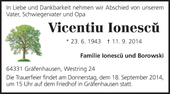 Traueranzeige von Vicentiu Ionescu von Echo-Zeitungen (Gesamtausgabe)