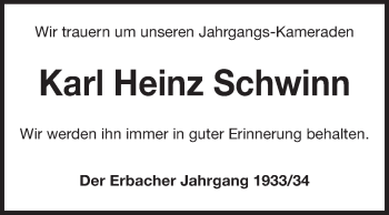 Traueranzeige von Karl Heinz Schwinn von Odenwälder Echo