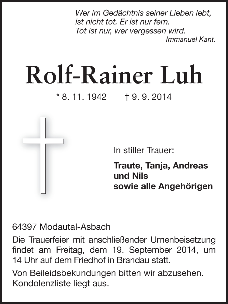  Traueranzeige für Rolf-Rainer Luh vom 16.09.2014 aus Darmstädter Echo, Odenwälder Echo, Rüsselsheimer Echo, Groß-Gerauer-Echo, Ried Echo