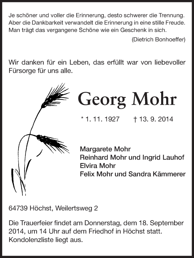  Traueranzeige für Georg Mohr vom 16.09.2014 aus Odenwälder Echo