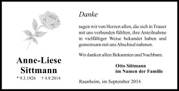 Traueranzeige von Anne-Liese Sittmann von Rüsselsheimer Echo, Groß-Gerauer-Echo, Ried Echo