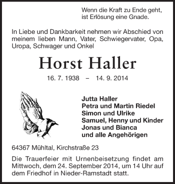 Traueranzeige von Horst Haller von Echo-Zeitungen (Gesamtausgabe)