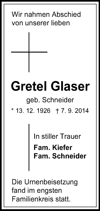Traueranzeige von Gretel Glaser von Odenwälder Echo