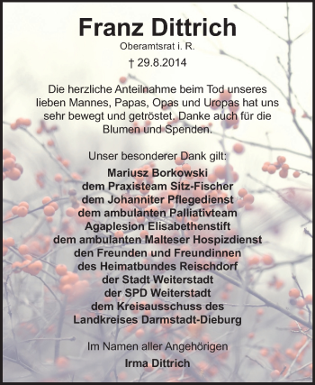 Traueranzeige von Franz Dittrich von Echo-Zeitungen (Gesamtausgabe)