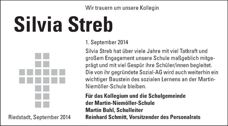  Traueranzeige für Silvia Streb vom 17.09.2014 aus Rüsselsheimer Echo, Groß-Gerauer-Echo, Ried Echo