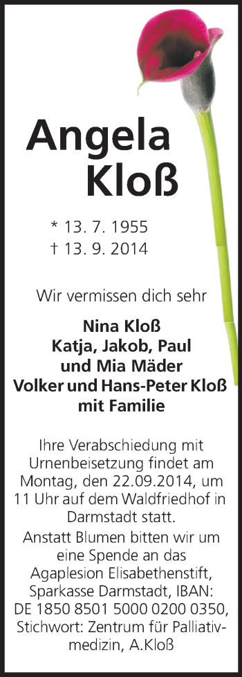 Traueranzeige von Angela Kloß von Echo-Zeitungen (Gesamtausgabe)