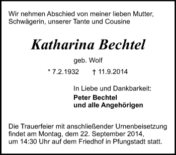 Traueranzeige von Katharina Bechtel von Echo-Zeitungen (Gesamtausgabe)