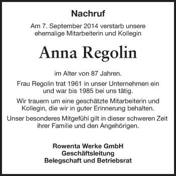 Traueranzeige von Anna Regolin von Odenwälder Echo