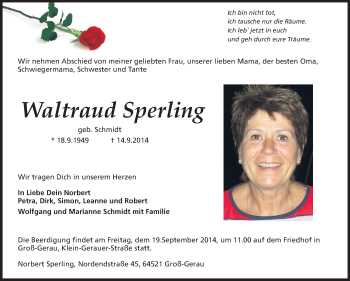 Traueranzeige von Waltraud Sperling von Rüsselsheimer Echo, Groß-Gerauer-Echo, Ried Echo