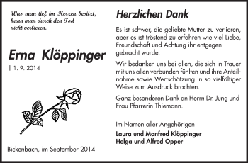 Traueranzeige von Erna Klöppinger von Echo-Zeitungen (Gesamtausgabe)