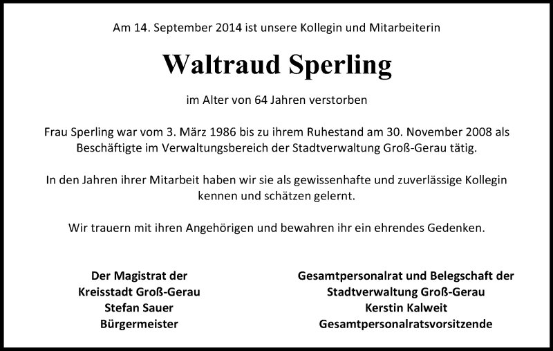  Traueranzeige für Waltraud Sperling vom 18.09.2014 aus Rüsselsheimer Echo, Groß-Gerauer-Echo, Ried Echo