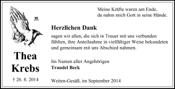 Traueranzeige von Thea Krebs von Odenwälder Echo
