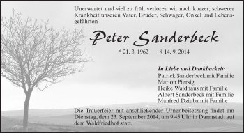 Traueranzeige von Peter Sanderbeck von Echo-Zeitungen (Gesamtausgabe)