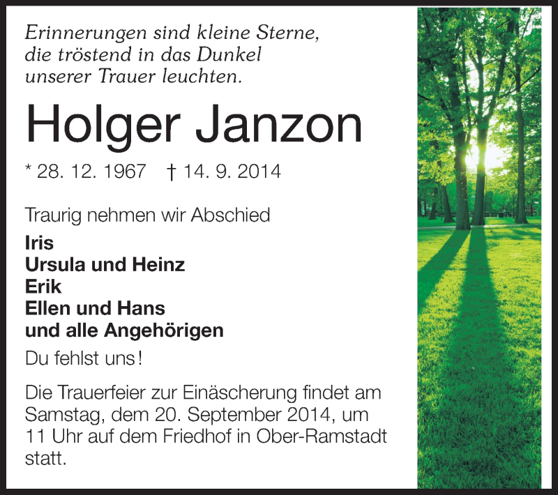  Traueranzeige für Holger Janzon vom 18.09.2014 aus Echo-Zeitungen (Gesamtausgabe)