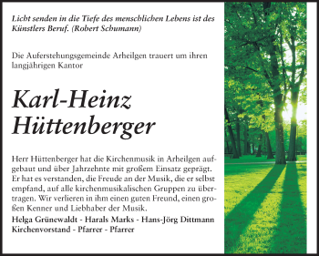 Traueranzeige von Karl-Heinz Hüttenberger von Echo-Zeitungen (Gesamtausgabe)